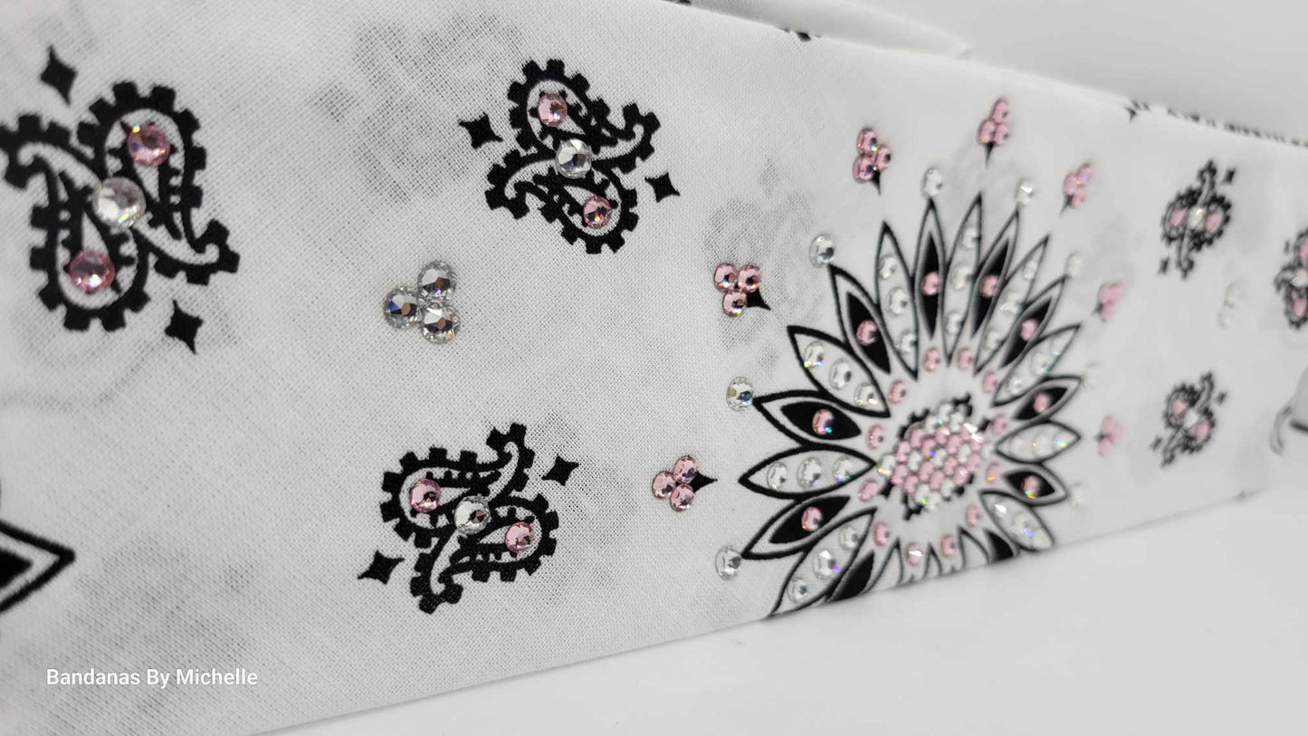 White Paisley Bandana with Light Pink and Diamond Clear Austrian Crystals (Sku2008)