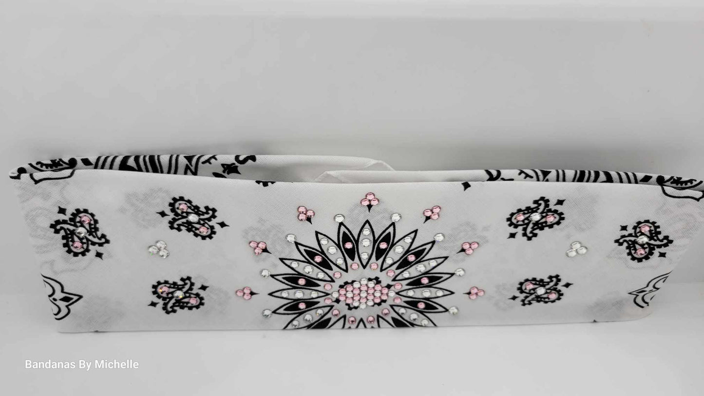 White Paisley Bandana with Light Pink and Diamond Clear Austrian Crystals (Sku2008)