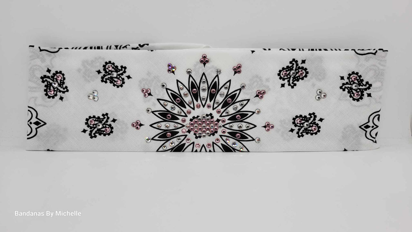 White Paisley Bandana with Light Pink and Diamond Clear Austrian Crystals (Sku2008)