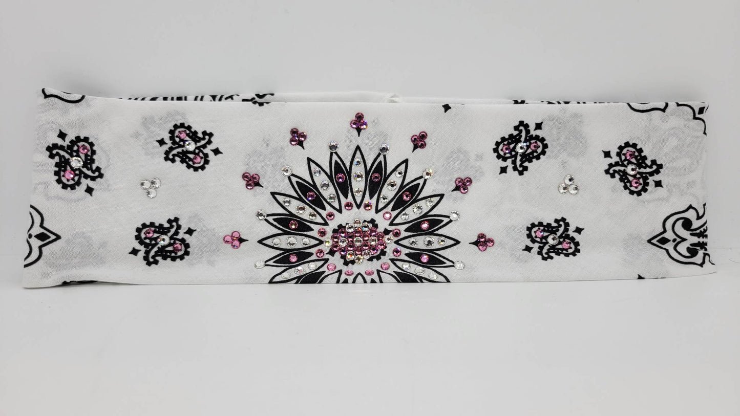 White Paisley Bandana with Light Pink and Diamond Clear Austrian Crystals (Sku2008)