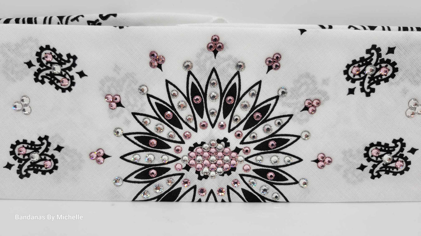 White Paisley Bandana with Light Pink and Diamond Clear Austrian Crystals (Sku2008)