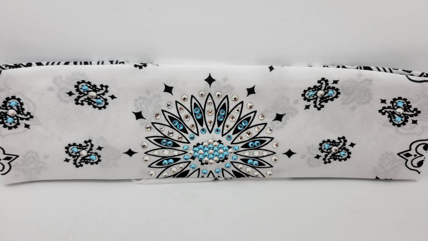 White Paisley Bandana with Turquoise and Diamond Clear Austrian Crystals (Sku2009)