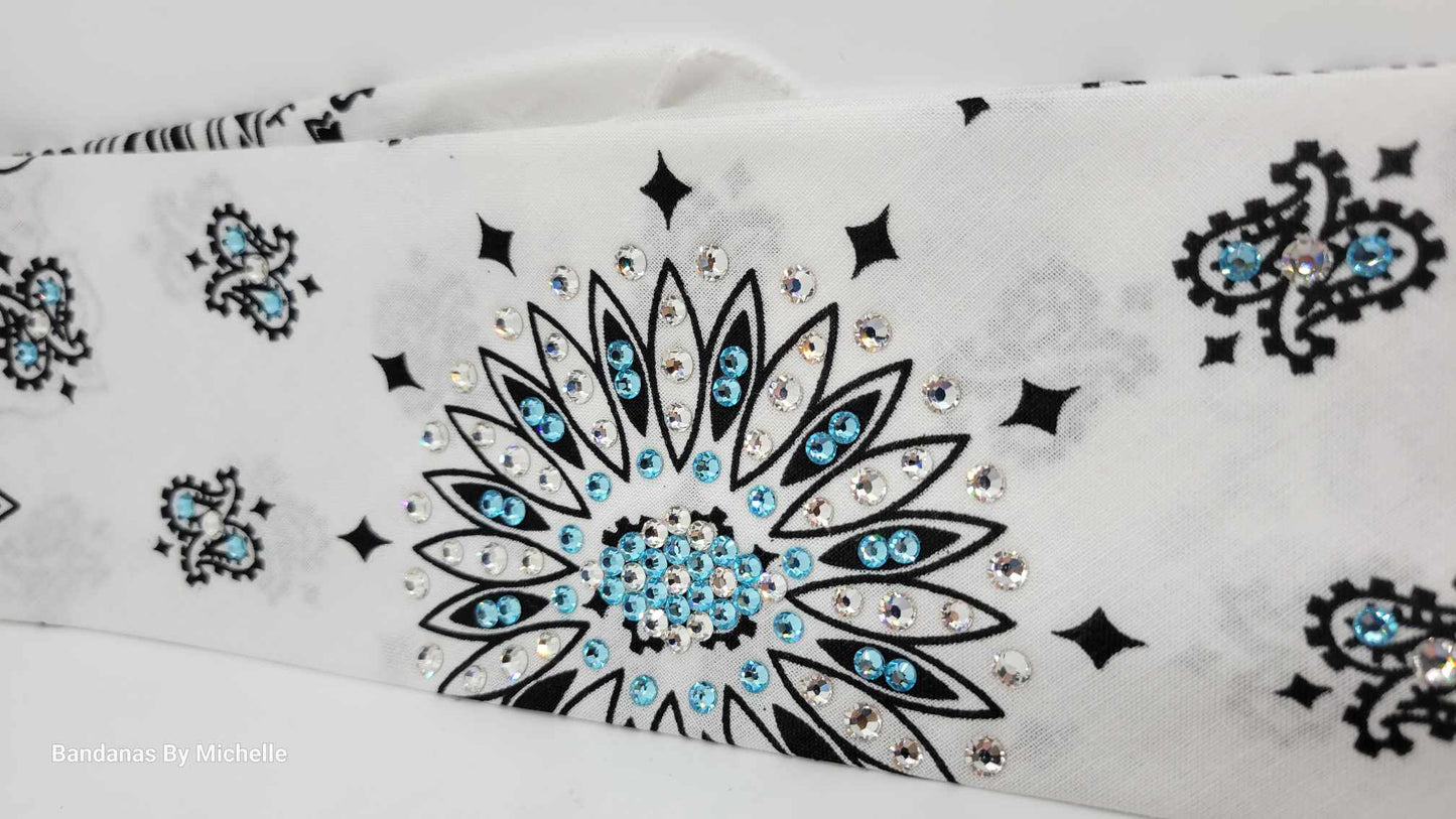 White Paisley Bandana with Turquoise and Diamond Clear Austrian Crystals (Sku2009)