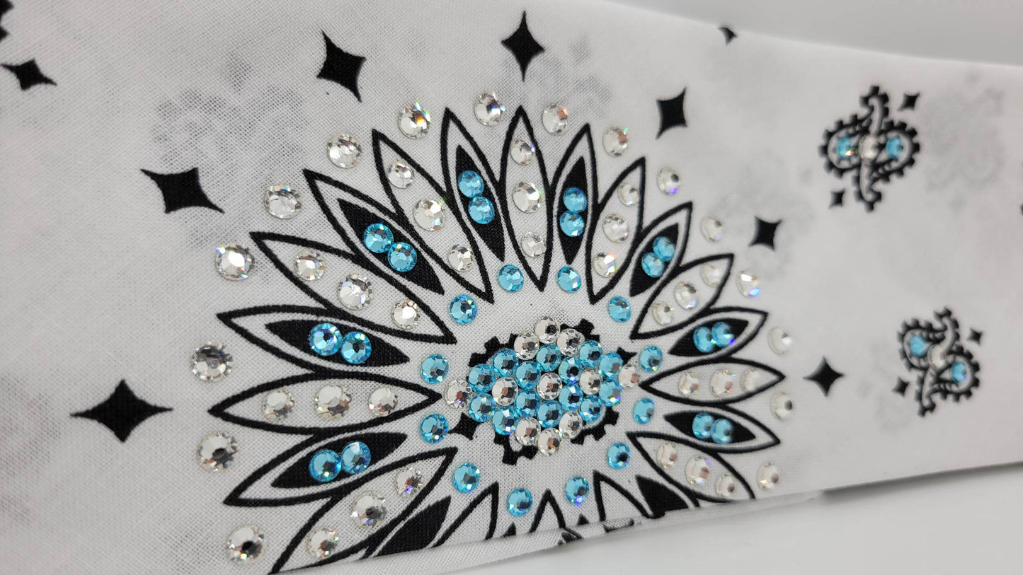 White Paisley Bandana with Turquoise and Diamond Clear Austrian Crystals (Sku2009)