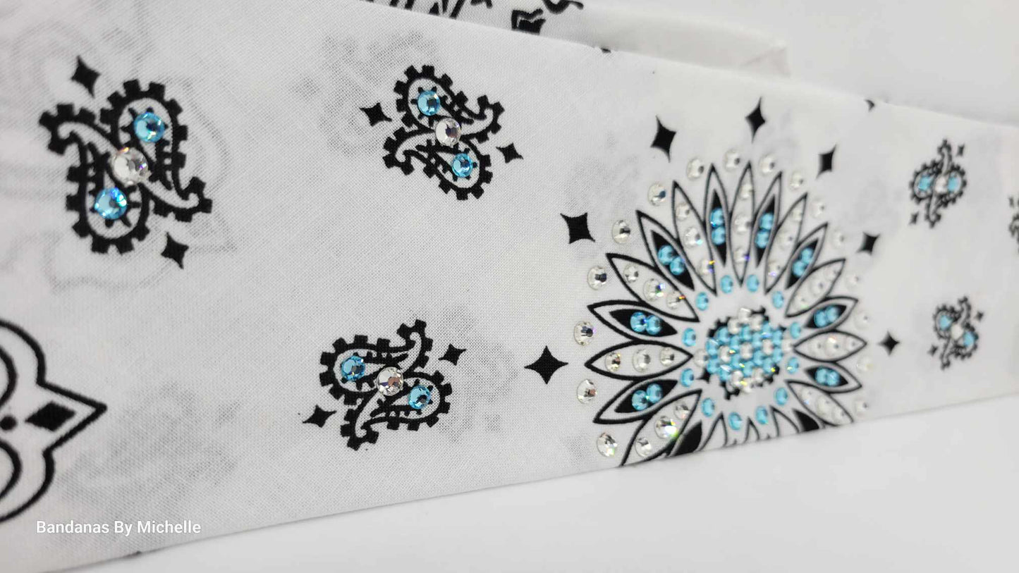 White Paisley Bandana with Turquoise and Diamond Clear Austrian Crystals (Sku2009)