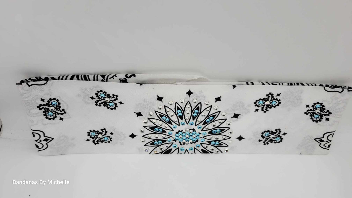 White Paisley Bandana with Turquoise and Diamond Clear Austrian Crystals (Sku2009)