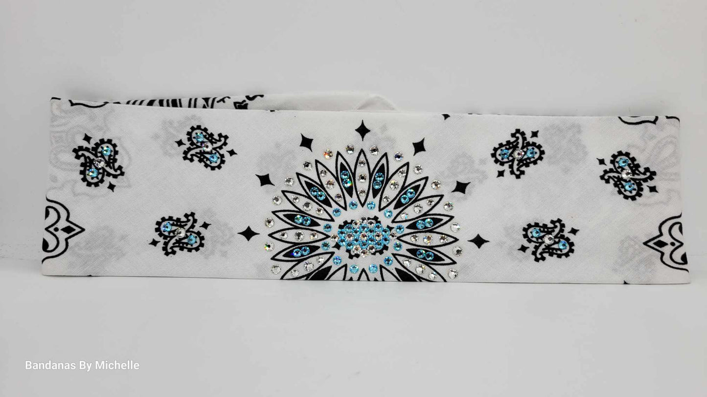White Paisley Bandana with Turquoise and Diamond Clear Austrian Crystals (Sku2009)