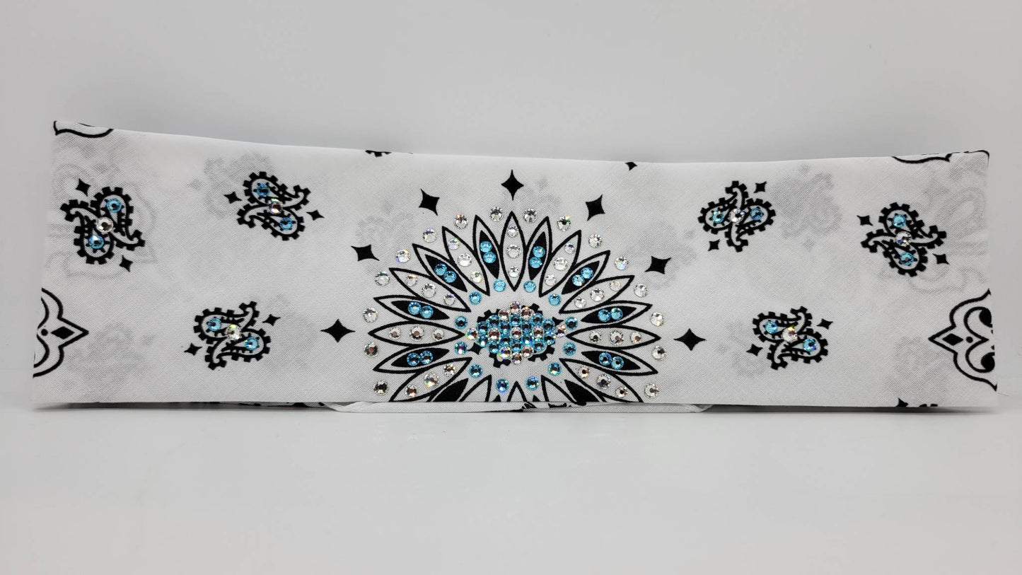 White Paisley Bandana with Turquoise and Diamond Clear Austrian Crystals (Sku2009)