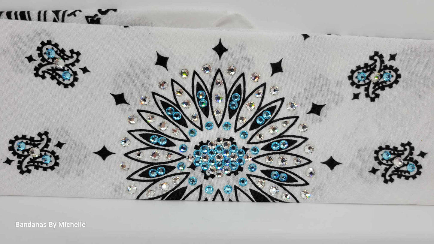 White Paisley Bandana with Turquoise and Diamond Clear Austrian Crystals (Sku2009)