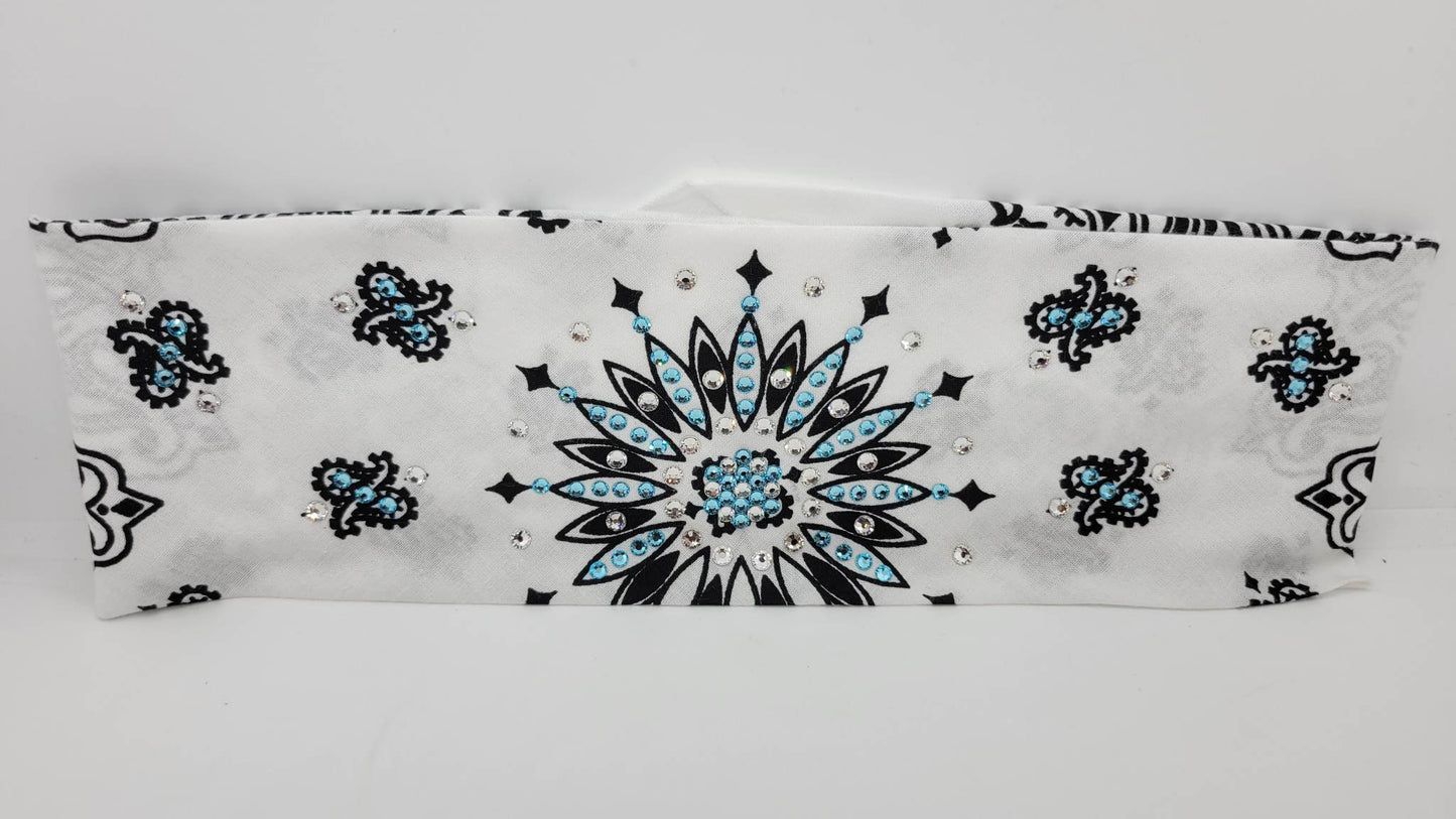 White Paisley Bandana with Turquoise and Diamond Clear Austrian Crystals (Sku2010)