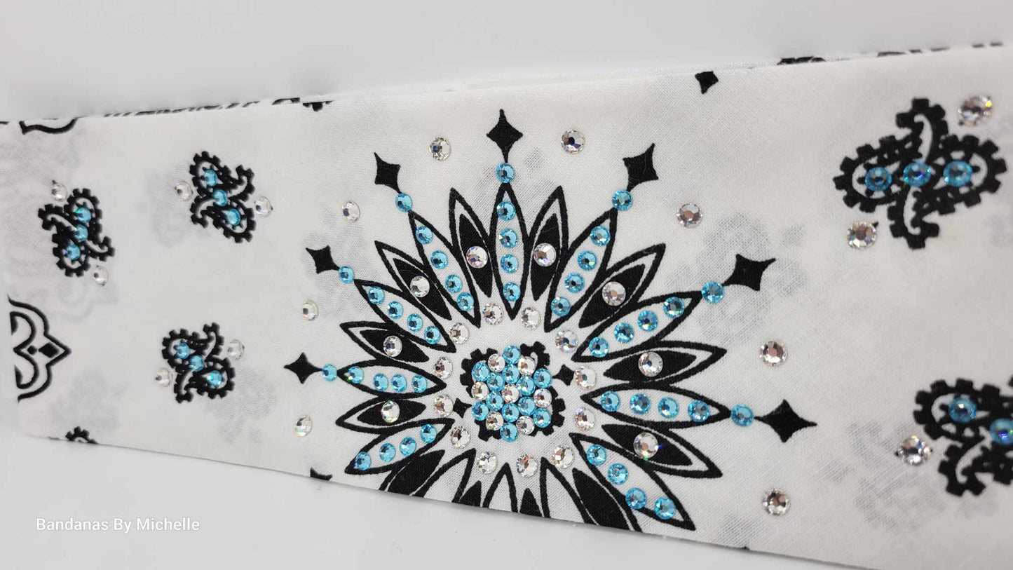 White Paisley Bandana with Turquoise and Diamond Clear Austrian Crystals (Sku2010)