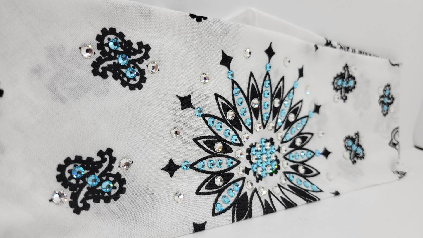White Paisley Bandana with Turquoise and Diamond Clear Austrian Crystals (Sku2010)