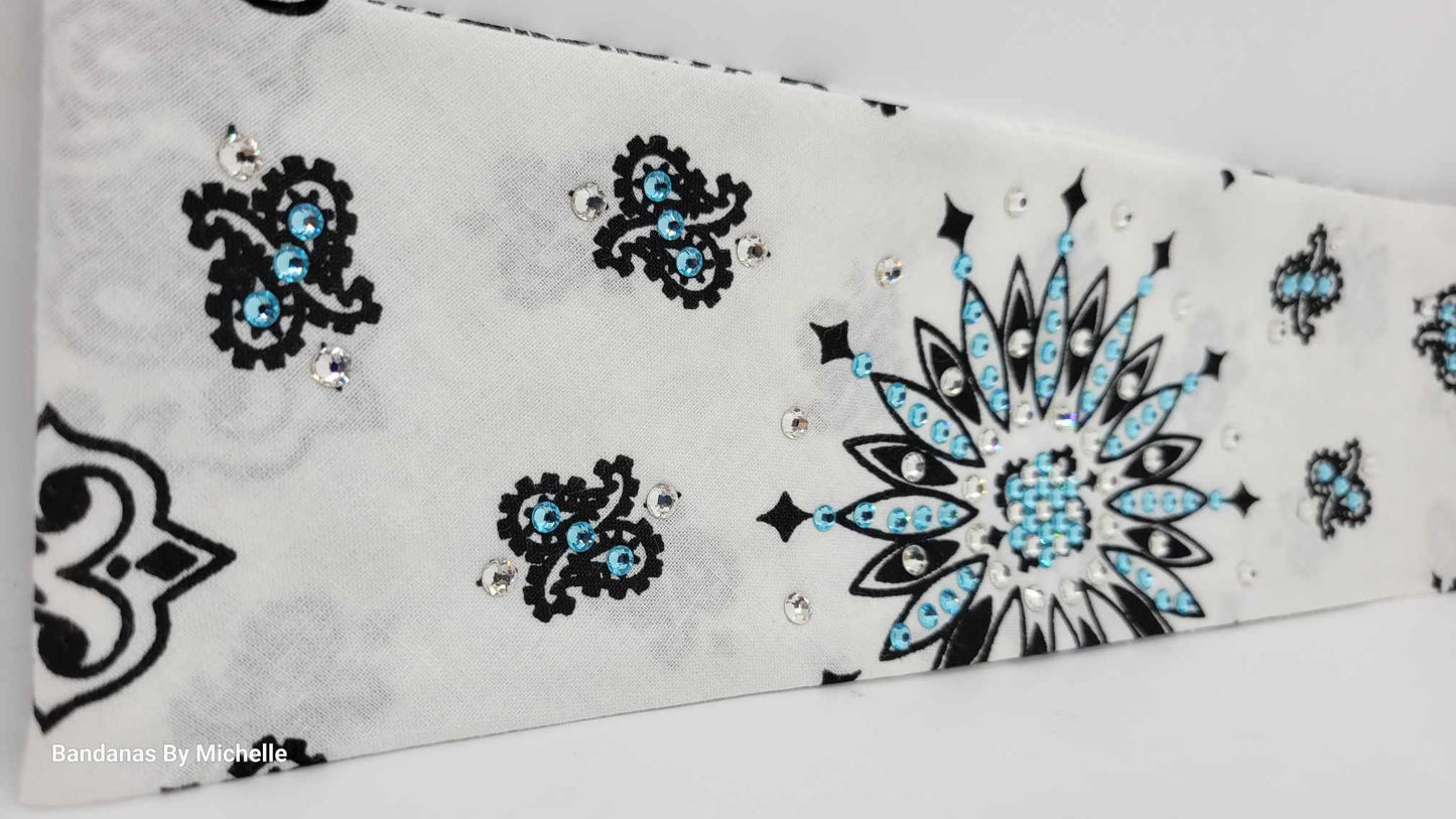 White Paisley Bandana with Turquoise and Diamond Clear Austrian Crystals (Sku2010)