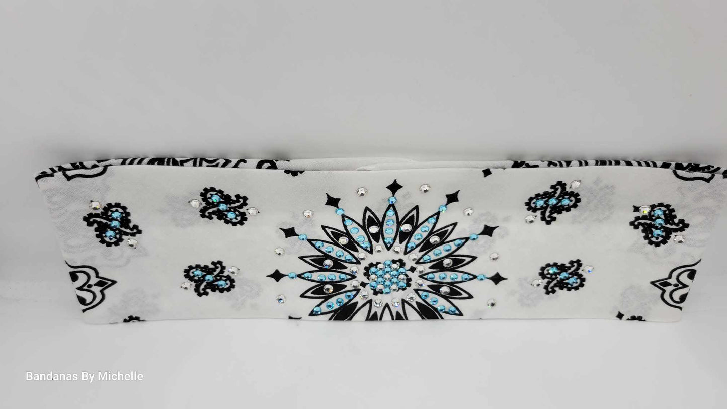 White Paisley Bandana with Turquoise and Diamond Clear Austrian Crystals (Sku2010)
