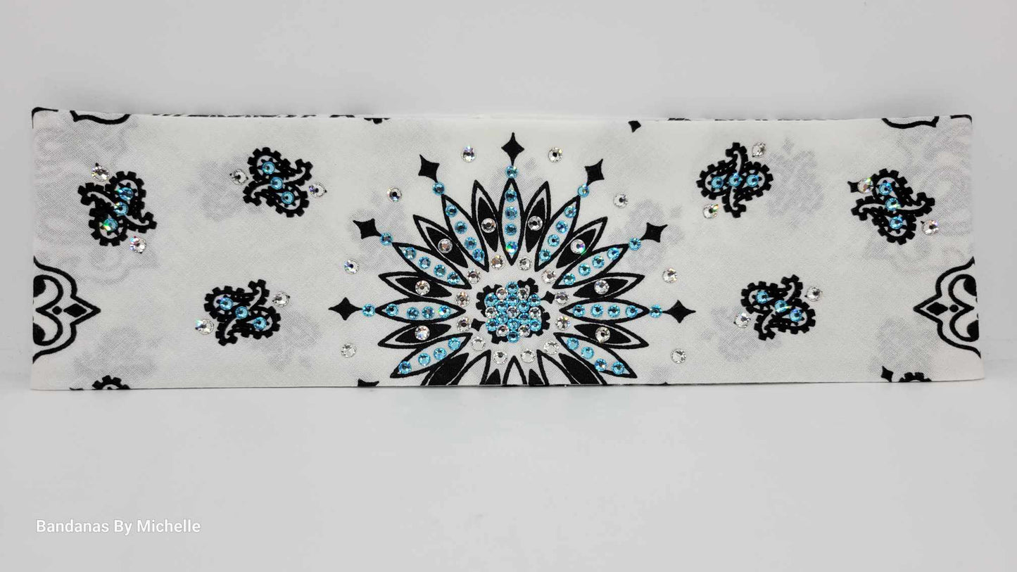 White Paisley Bandana with Turquoise and Diamond Clear Austrian Crystals (Sku2010)