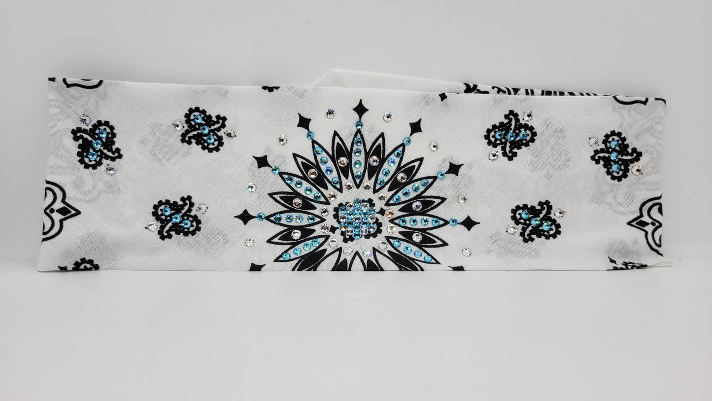 White Paisley Bandana with Turquoise and Diamond Clear Austrian Crystals (Sku2010)