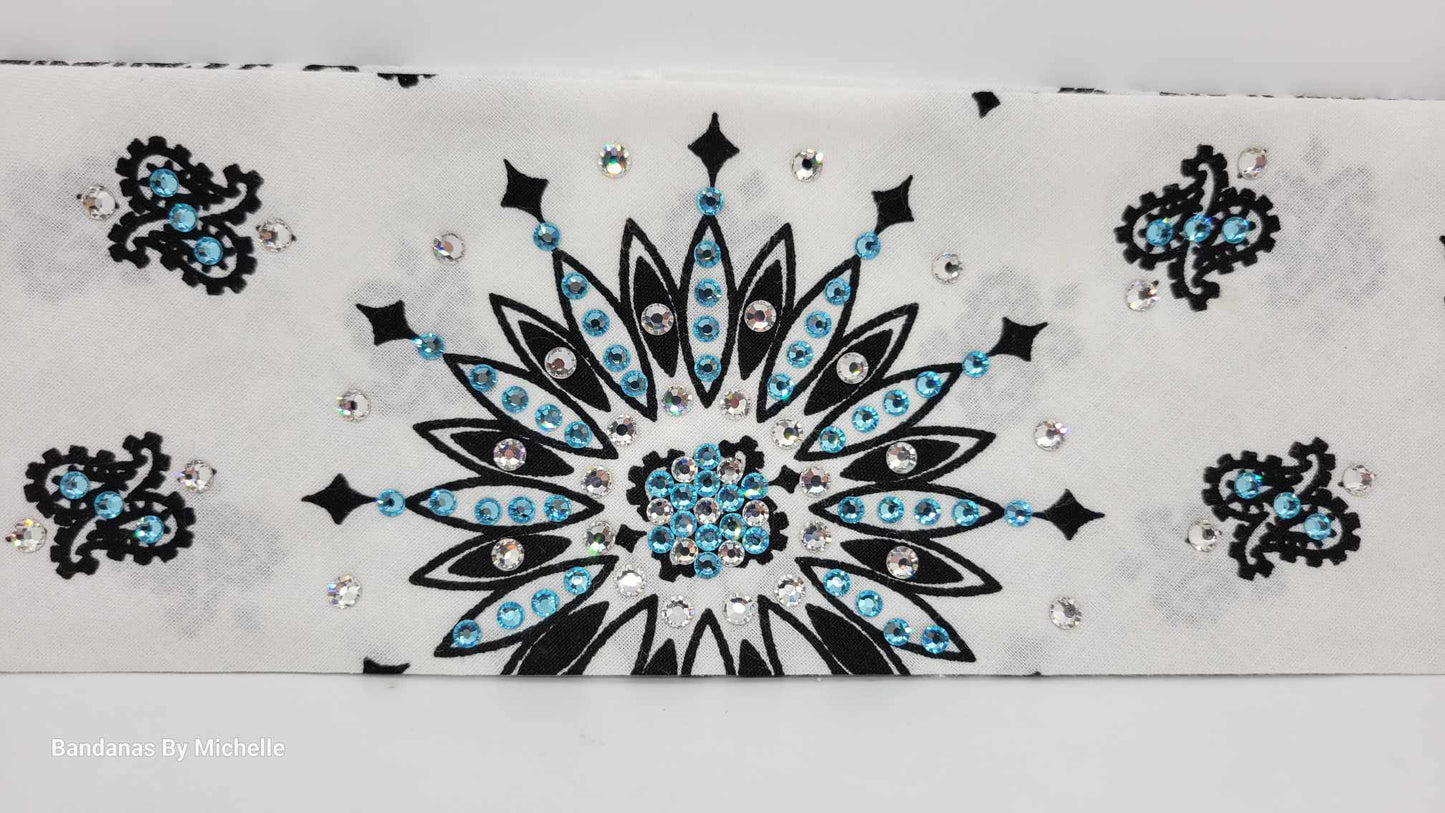 White Paisley Bandana with Turquoise and Diamond Clear Austrian Crystals (Sku2010)
