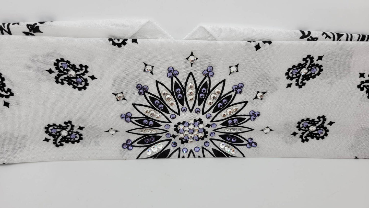 White Paisley Bandana with Light Purple and Diamond Clear Austrian Crystals (Sku2011)