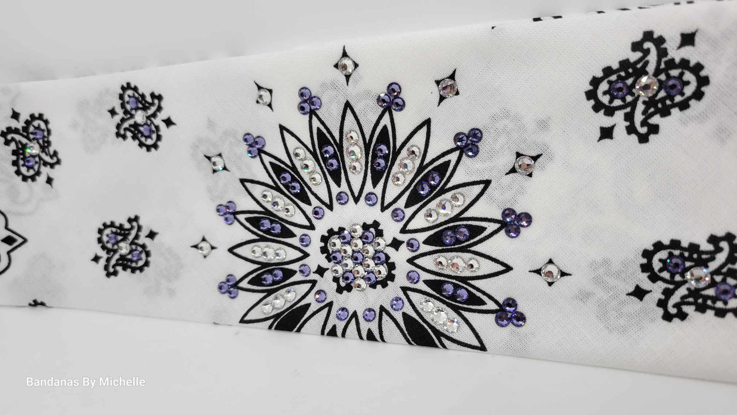 White Paisley Bandana with Light Purple and Diamond Clear Austrian Crystals (Sku2011)