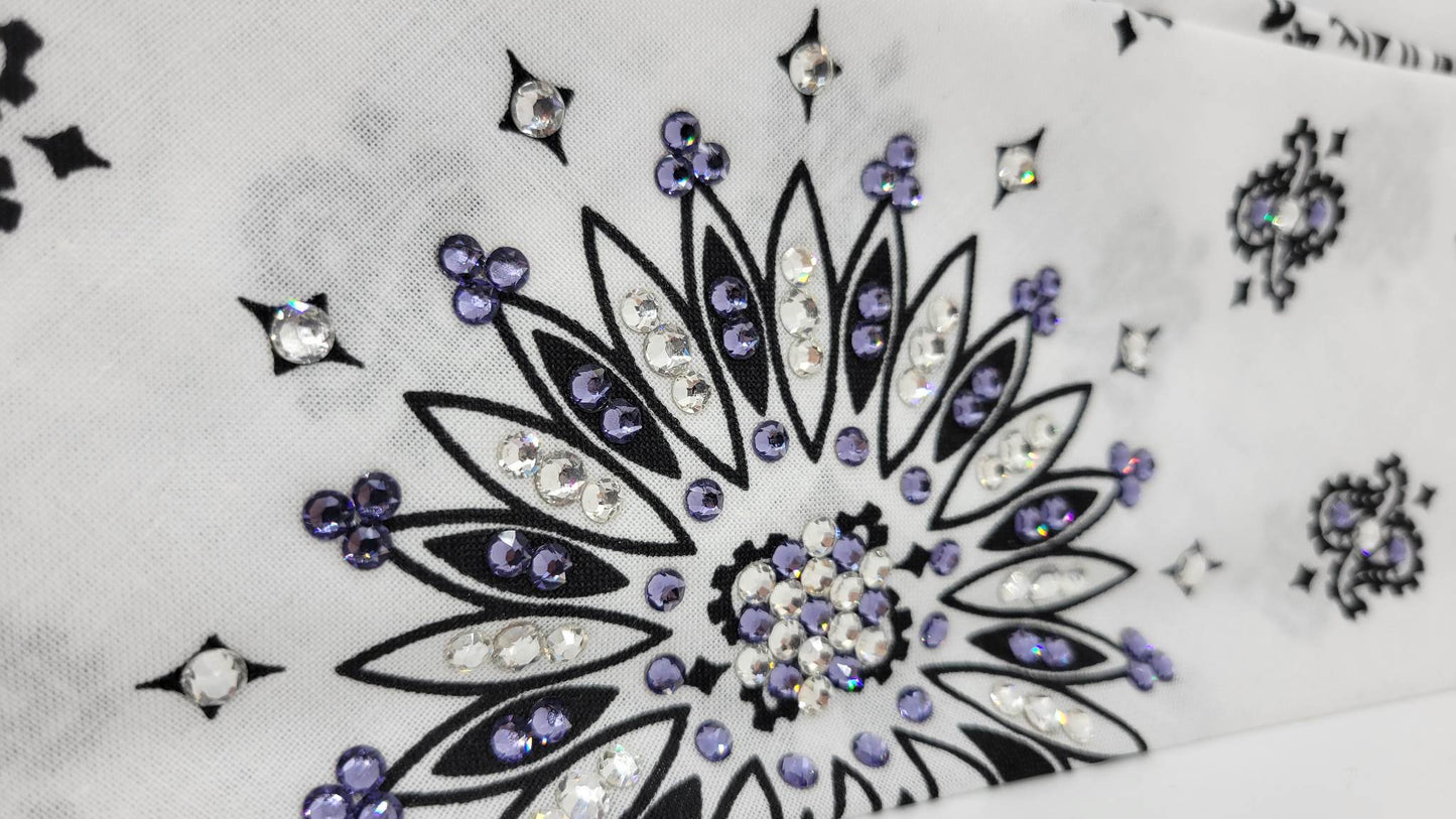 White Paisley Bandana with Light Purple and Diamond Clear Austrian Crystals (Sku2011)