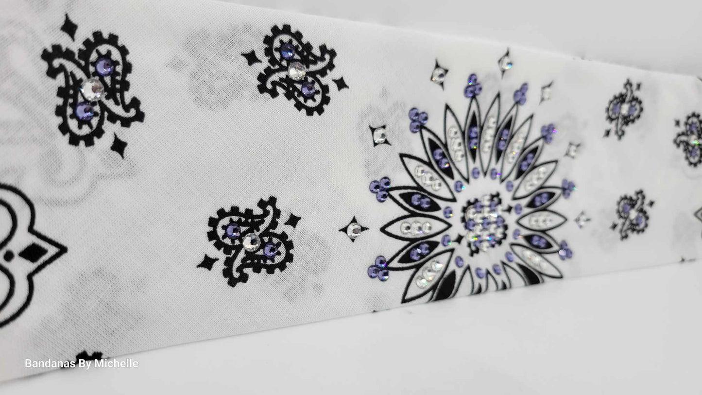 White Paisley Bandana with Light Purple and Diamond Clear Austrian Crystals (Sku2011)