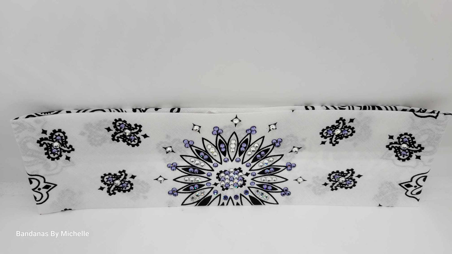 White Paisley Bandana with Light Purple and Diamond Clear Austrian Crystals (Sku2011)