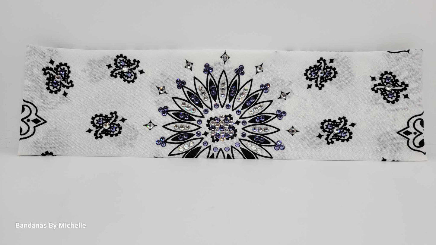 White Paisley Bandana with Light Purple and Diamond Clear Austrian Crystals (Sku2011)