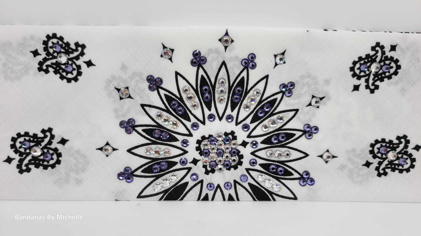White Paisley Bandana with Light Purple and Diamond Clear Austrian Crystals (Sku2011)