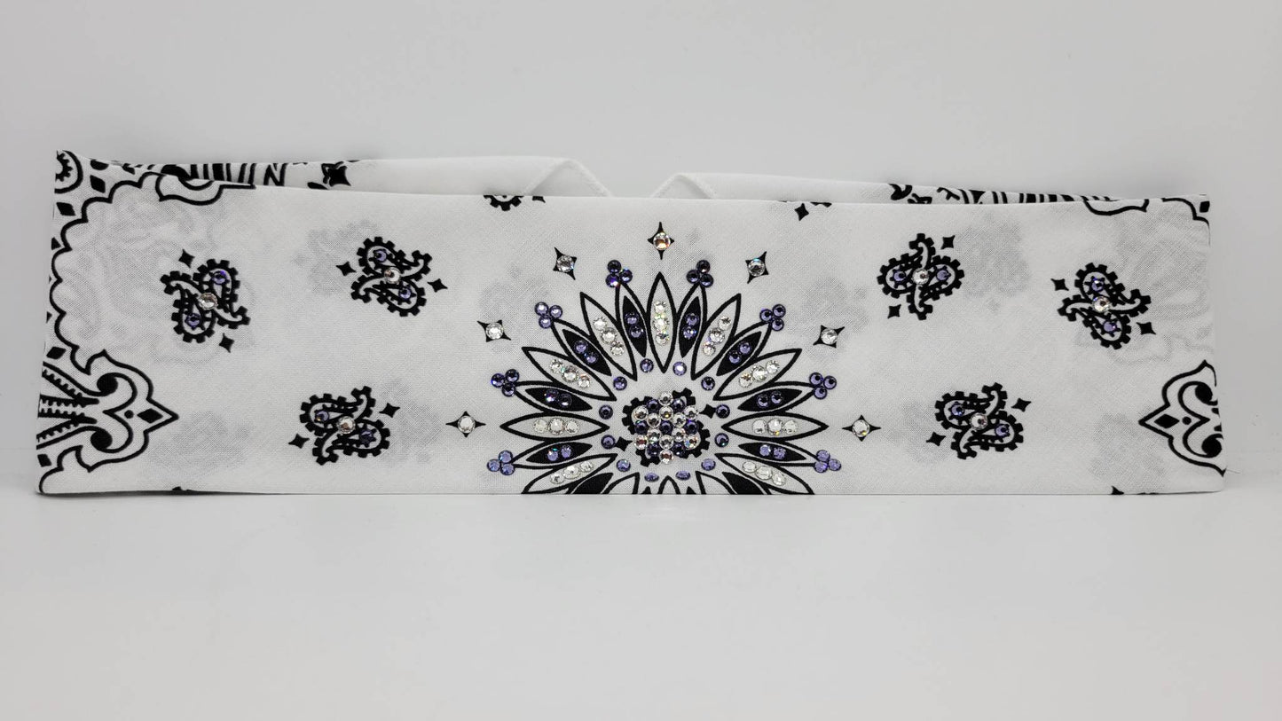 White Paisley Bandana with Light Purple and Diamond Clear Austrian Crystals (Sku2011)