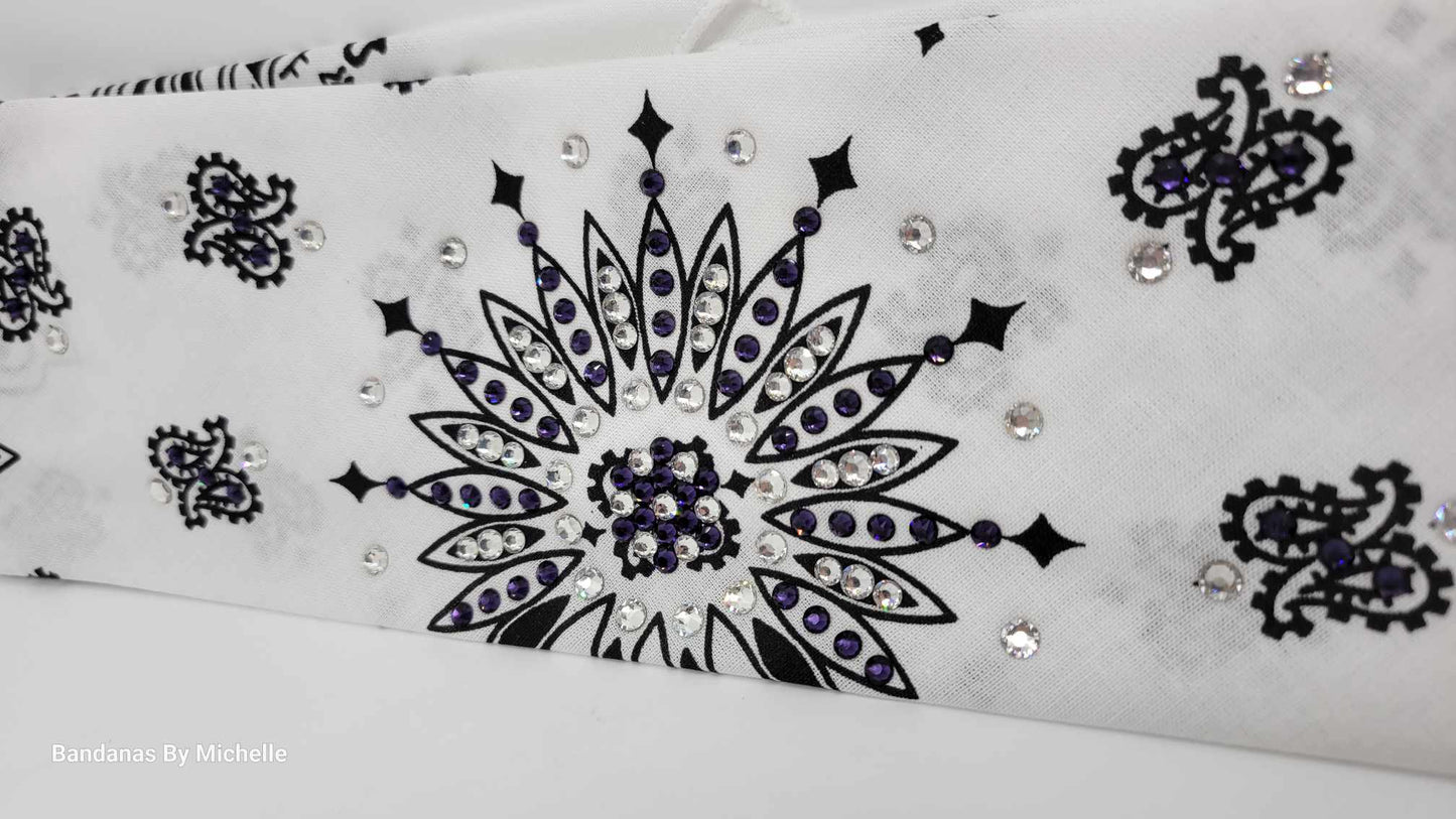 White Paisley Bandana with Dark Purple and Diamond Clear Austrian Crystals (Sku2012)