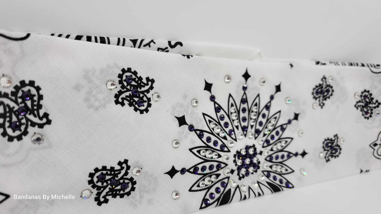 White Paisley Bandana with Dark Purple and Diamond Clear Austrian Crystals (Sku2012)