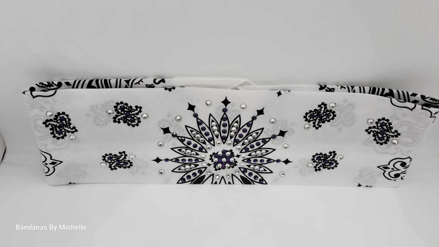 White Paisley Bandana with Dark Purple and Diamond Clear Austrian Crystals (Sku2012)