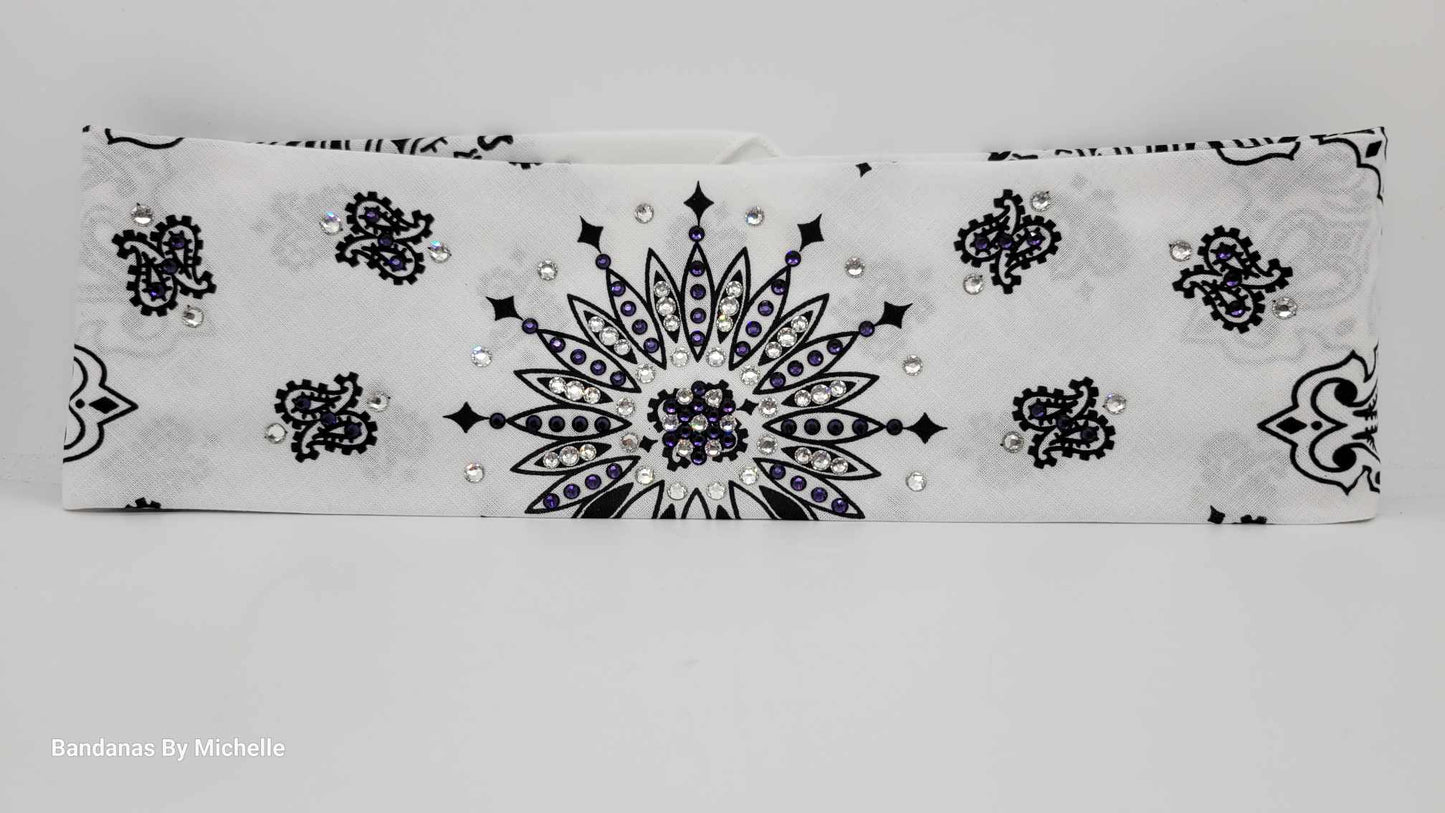 White Paisley Bandana with Dark Purple and Diamond Clear Austrian Crystals (Sku2012)