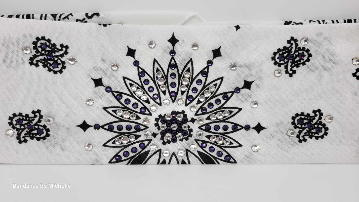White Paisley Bandana with Dark Purple and Diamond Clear Austrian Crystals (Sku2012)