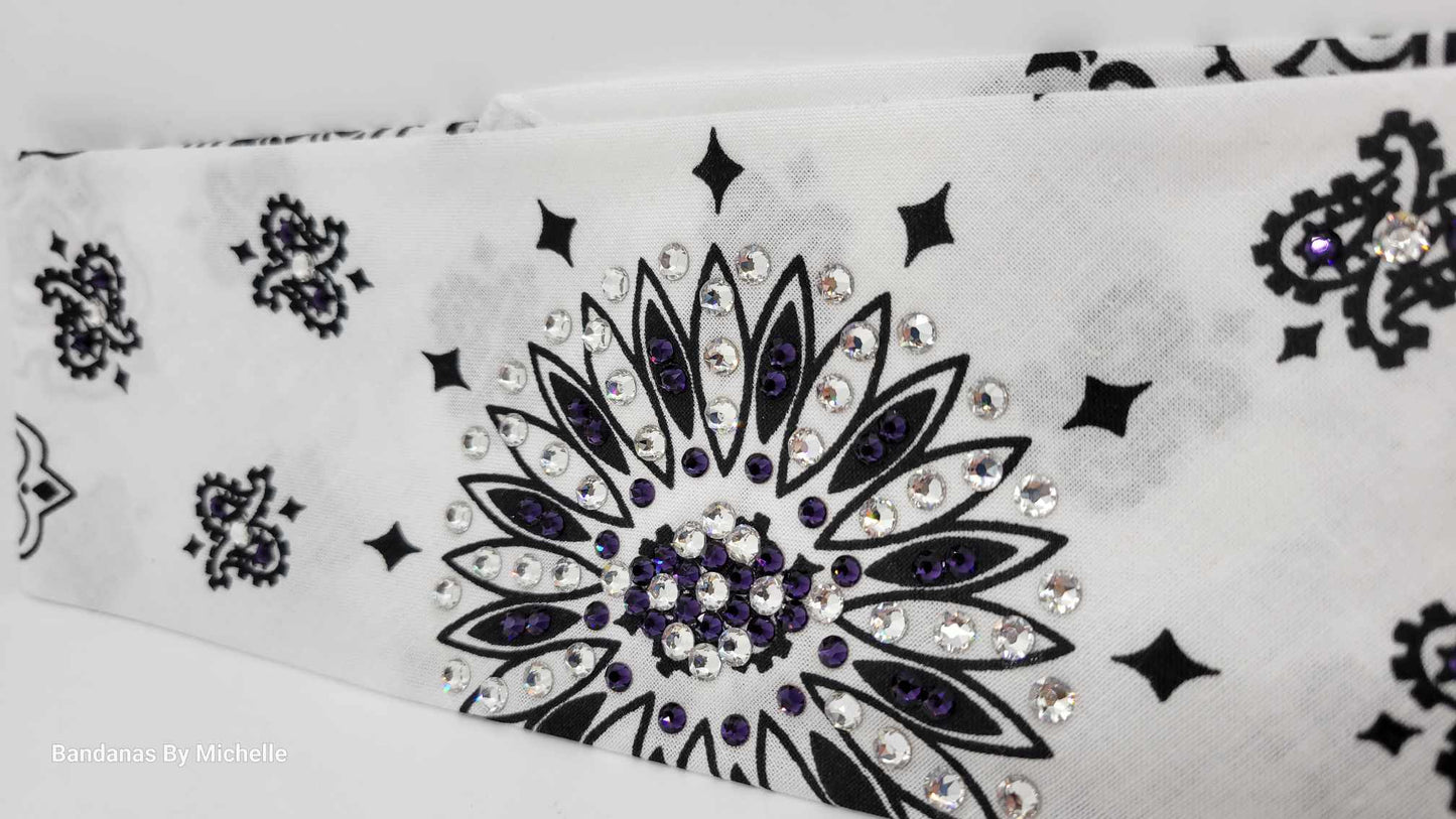 White Paisley Bandana with Dark Purple and Diamond Clear Austrian Crystals (Sku2013)