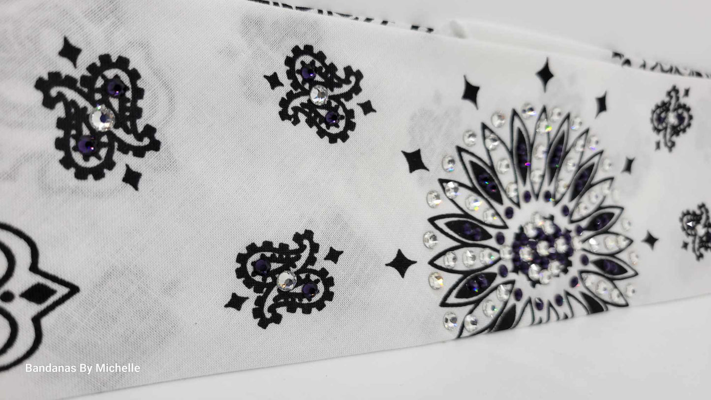 White Paisley Bandana with Dark Purple and Diamond Clear Austrian Crystals (Sku2013)