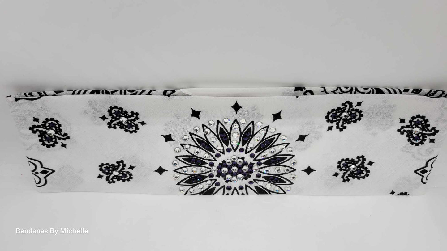 White Paisley Bandana with Dark Purple and Diamond Clear Austrian Crystals (Sku2013)