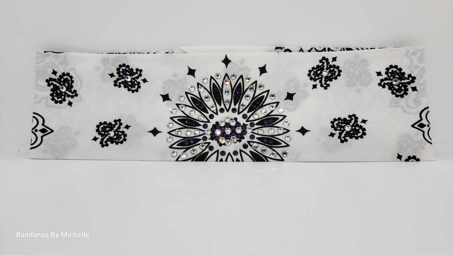 White Paisley Bandana with Dark Purple and Diamond Clear Austrian Crystals (Sku2013)