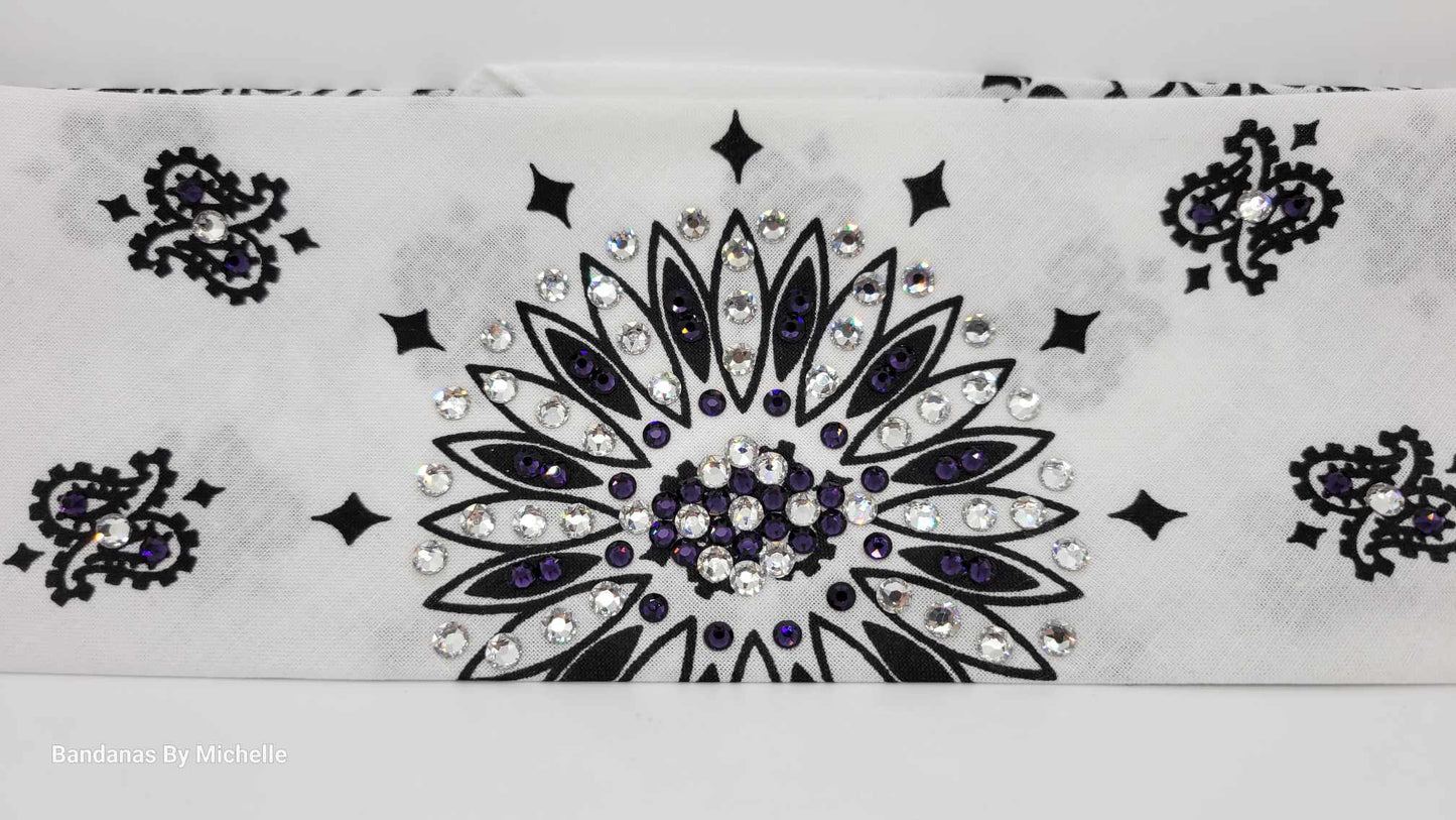 White Paisley Bandana with Dark Purple and Diamond Clear Austrian Crystals (Sku2013)