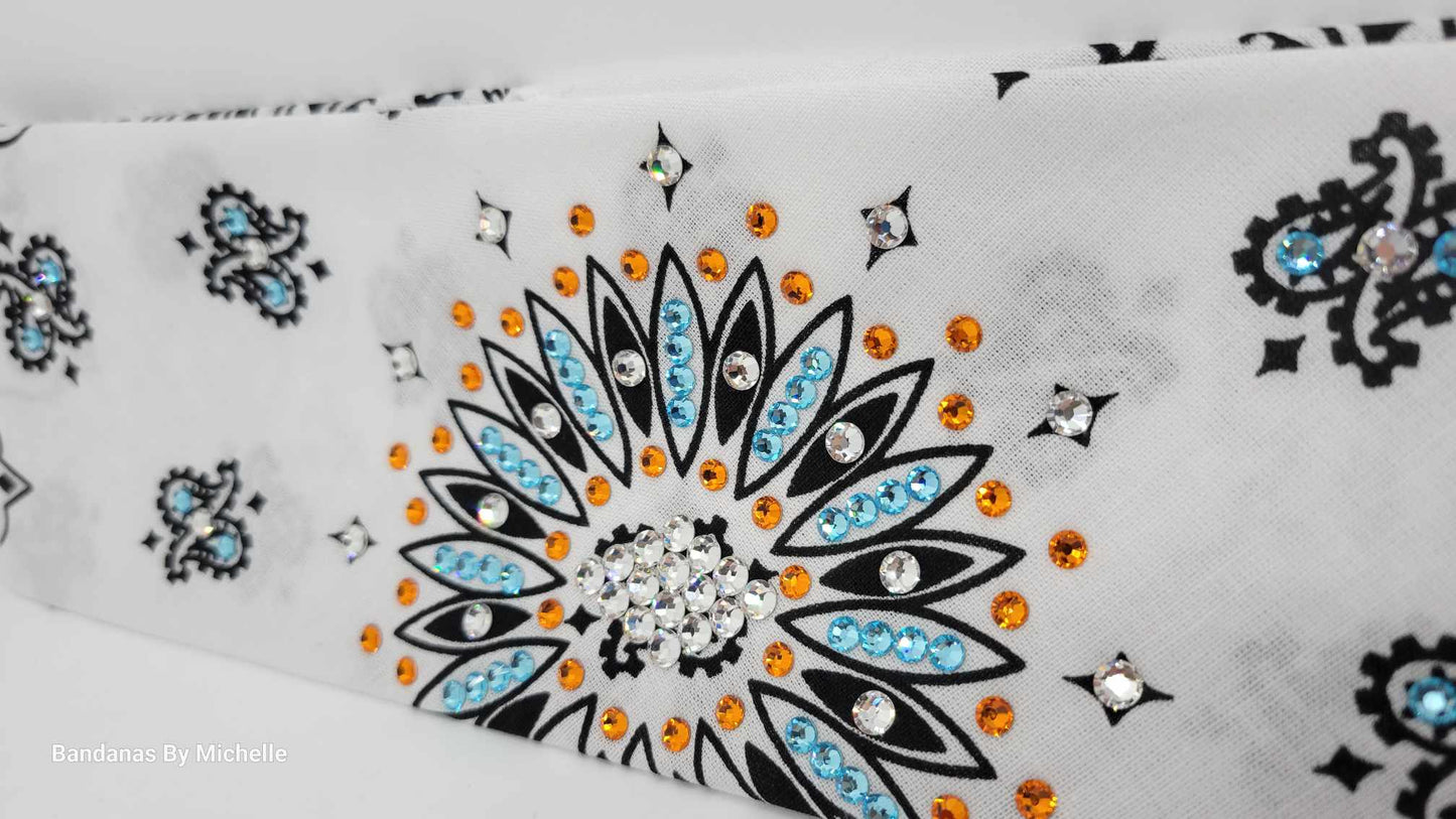 White Paisley Bandana with Turquoise, Orange and Diamond Clear Austrian Crystals (Sku2016)