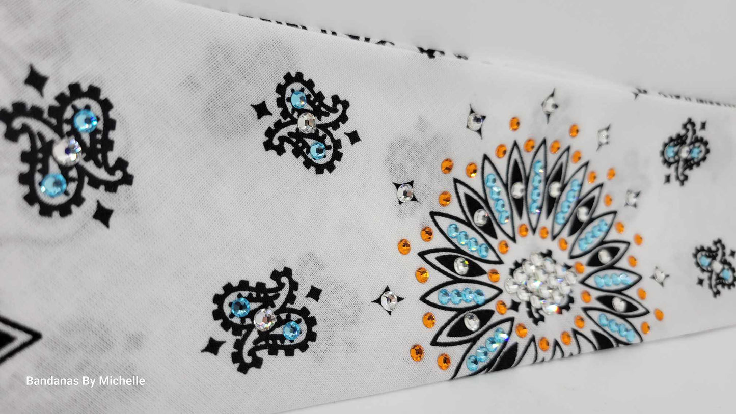 White Paisley Bandana with Turquoise, Orange and Diamond Clear Austrian Crystals (Sku2016)