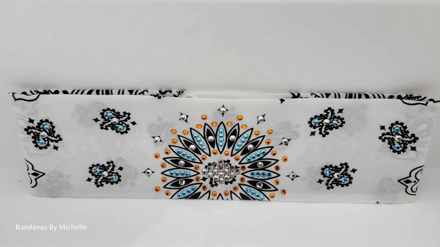 White Paisley Bandana with Turquoise, Orange and Diamond Clear Austrian Crystals (Sku2016)