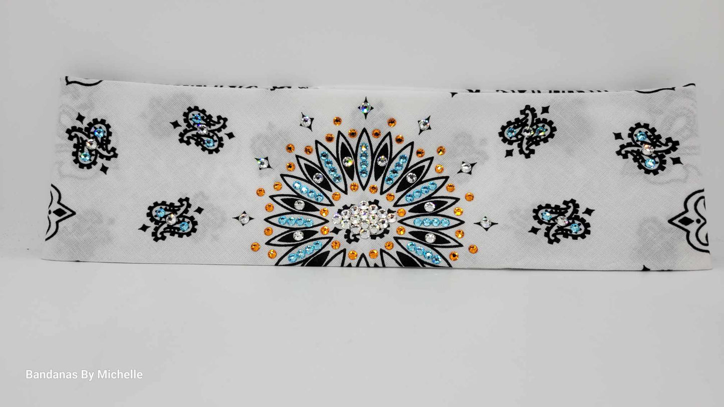 White Paisley Bandana with Turquoise, Orange and Diamond Clear Austrian Crystals (Sku2016)