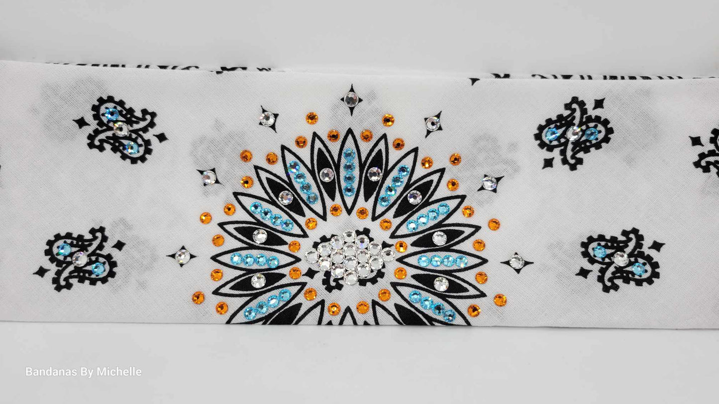 White Paisley Bandana with Turquoise, Orange and Diamond Clear Austrian Crystals (Sku2016)