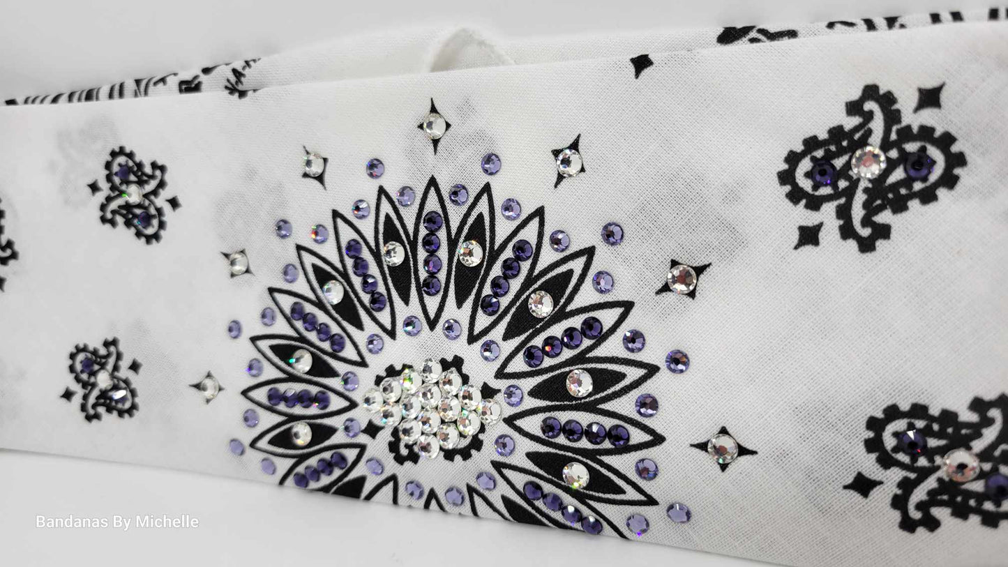 White Paisley Bandana with Dark Purple, Light Purple and Diamond Clear Austrian Crystals (Sku2017)