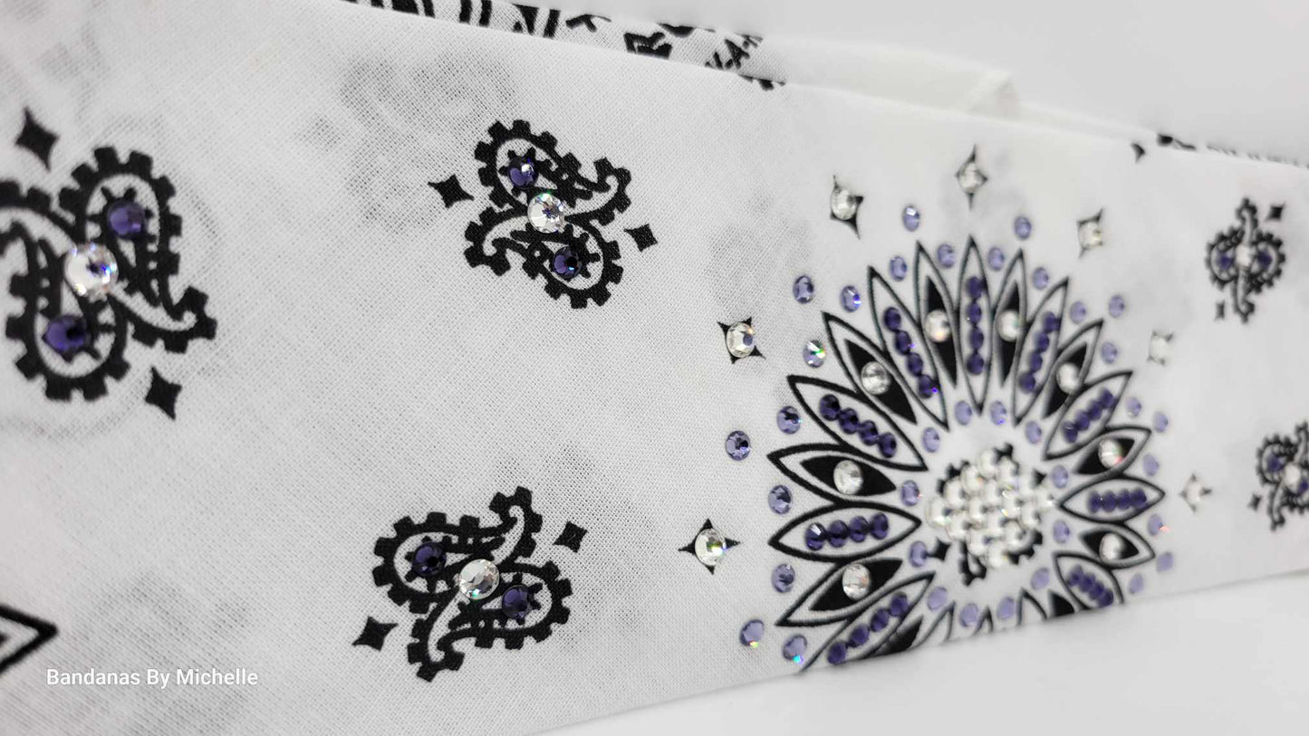 White Paisley Bandana with Dark Purple, Light Purple and Diamond Clear Austrian Crystals (Sku2017)