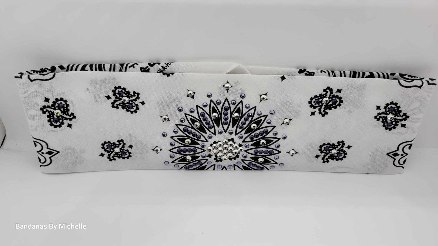 White Paisley Bandana with Dark Purple, Light Purple and Diamond Clear Austrian Crystals (Sku2017)