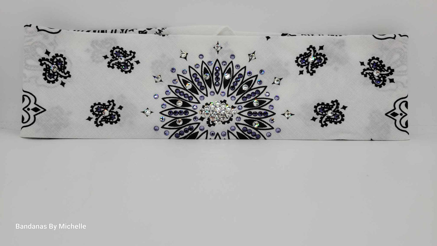 White Paisley Bandana with Dark Purple, Light Purple and Diamond Clear Austrian Crystals (Sku2017)