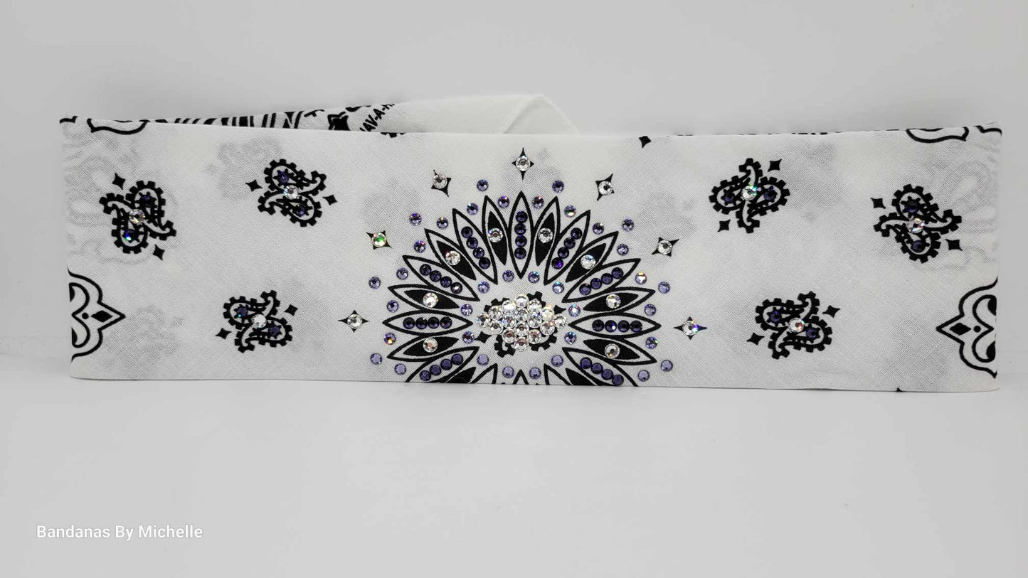 White Paisley Bandana with Dark Purple, Light Purple and Diamond Clear Austrian Crystals (Sku2017)
