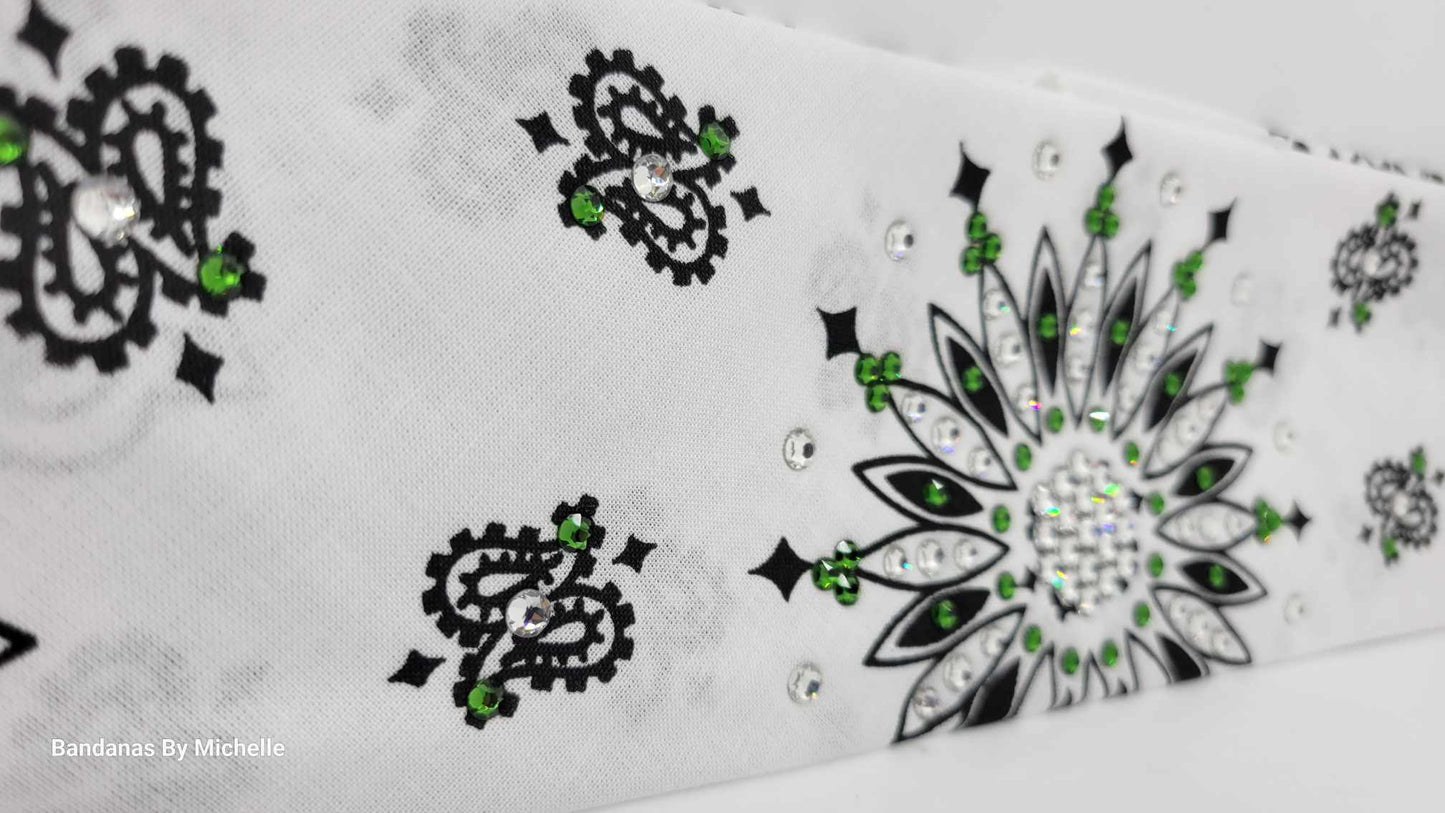 White Paisley Bandana with Dark Green and Diamond Clear Austrian Crystals (Sku2018)
